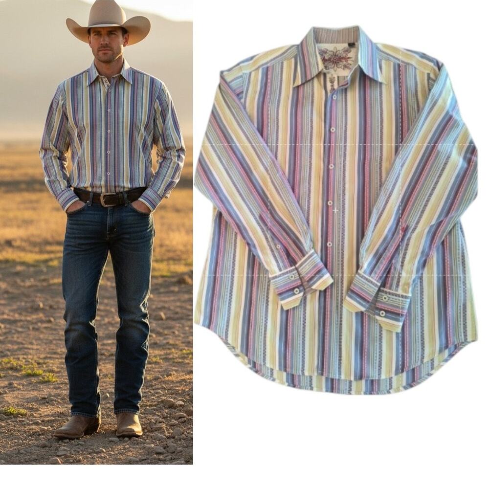 Robert Graham Shirt Mens L Multicolor Striped Long Sleeve Flip Cuff Embroidered